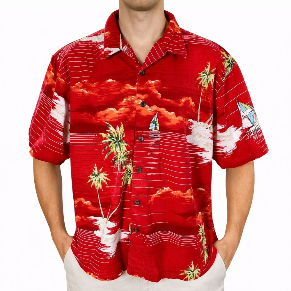 High Sierra Hawaiian Aloha Shirt 2XL Palms Sail Boats Sunset Red White Green